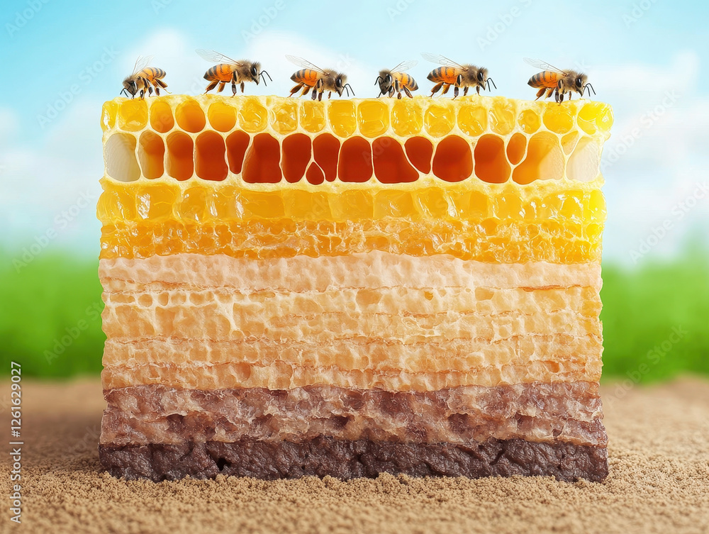 Aufkleber cross section view of beehive showcasing honeycombs and bees, illustrating intricate structure and n