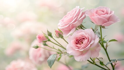 Delicate Pink Roses in Bloom: A delicate cluster of pale pink roses graces a vibrant background, evoking a sense of romance, tranquility, and gentle beauty.