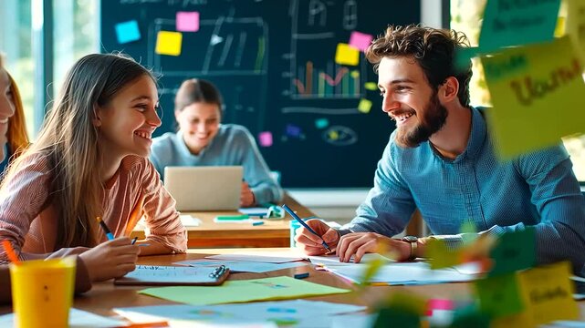 Lively classroom environment with students working together on group assignments.