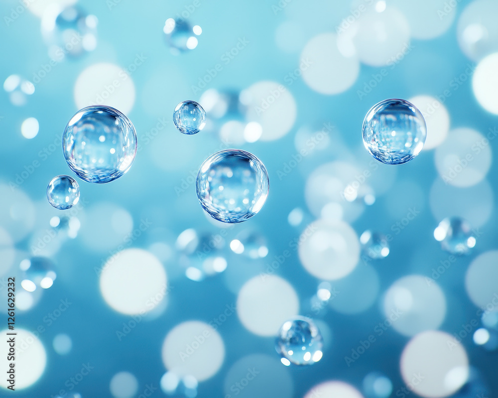 Poster bubbles float gracefully in serene blue background, creating calming atmosphere. light reflections e