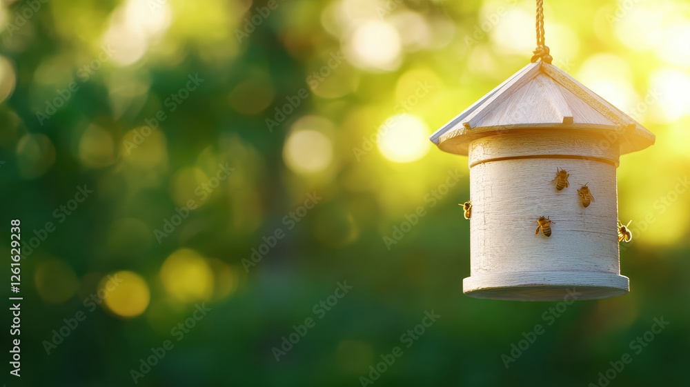 Poster hanging beehive with bees creating honey in serene garden setting