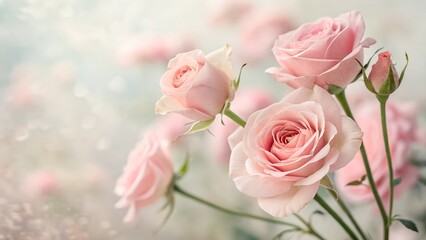 Soft Pink Roses: Delicate pink roses bloom in a soft-focus, ethereal background, their petals unfurling with grace and beauty, creating a dreamy and romantic ambiance. 