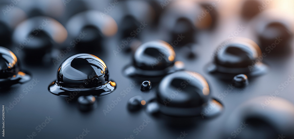 Poster glossy black water droplets on smooth surface create mesmerizing visual effect. reflections and shap