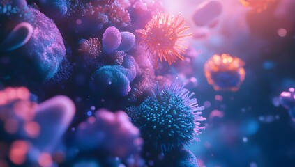 Microscopic virus cluster in vibrant colors, cellular environment