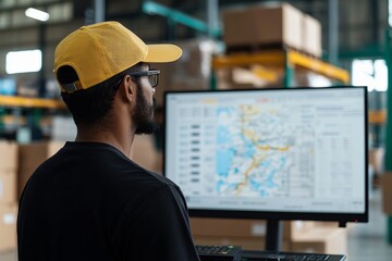 A control room in a logistics center displays a large digital map with delivery routes