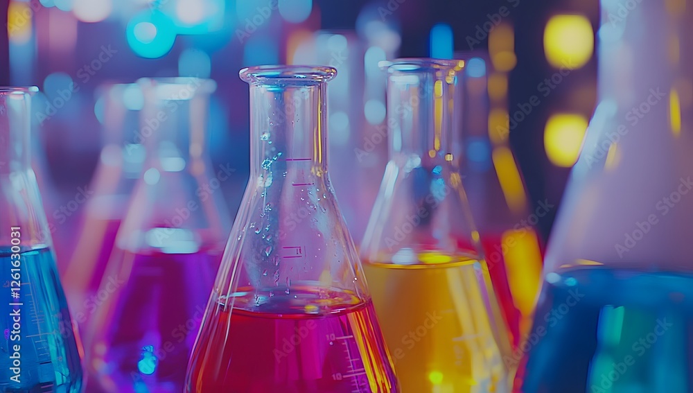 Poster colorful lab beakers filled with vibrant liquids in a science lab