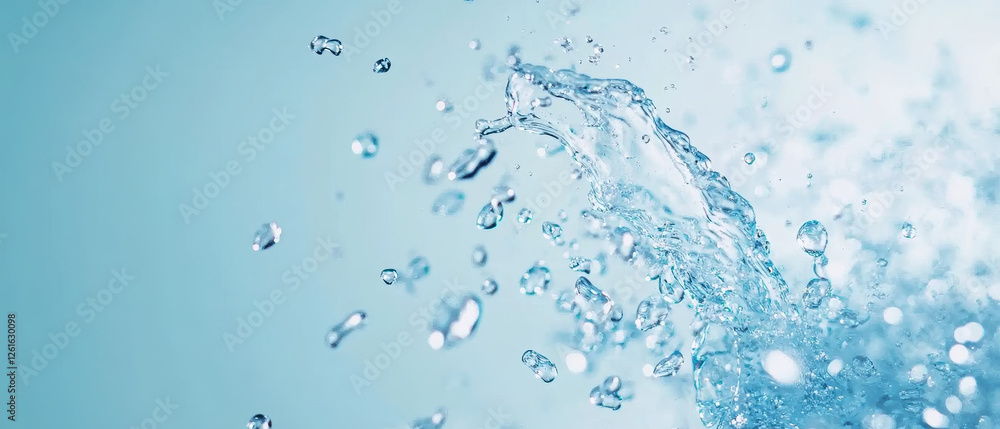 Poster slow motion capture of water droplets merging and splashing, creating mesmerizing effect. vibrant bl