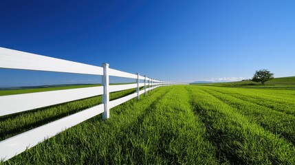 Fototapeta premium Endless green grass reaches a white fence, set against a deep blue sky with no clouds in sight. Crisp details and realistic textures.