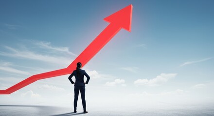 Obraz premium Business success, growth and personal development concept with businesswoman back view walking on red arrow growing up on abstract light background