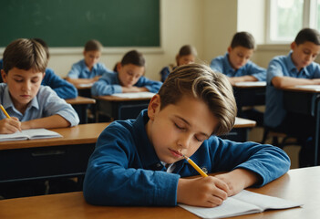 nearly falling asleep, sleepy tired unmotivated at difficult or boring test, young schoolboy in uniform sleeping on his desk during class, appearing exhausted