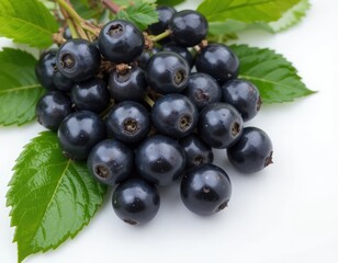 Fototapeta premium Cluster of Dark Blue Berries on Green Leaves