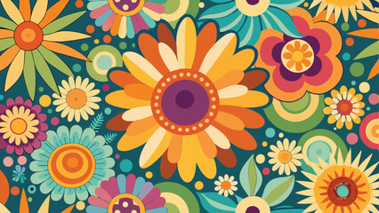 flower background with a colorful design, groovy vector pattern featuring bold daisies, sunflowers, and psychedelic shapes in a vintage color palette