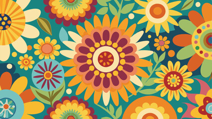 flower background with a colorful design, groovy vector pattern featuring bold daisies, sunflowers, and psychedelic shapes in a vintage color palette