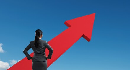 Business success, growth and personal development concept with businesswoman back view walking on red arrow growing up on abstract light background