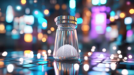 Minimalist salt shaker with glowing particles, abstract health indicators, promoting dietary awareness and wellness.	