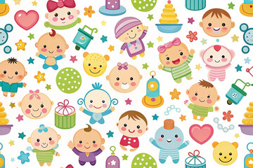 Cute babies seamless pattern, toys, stars, hearts, background, baby shower