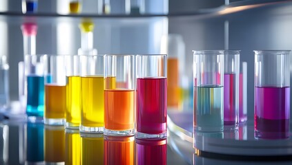 Colorful liquids in lab glassware; research in progress