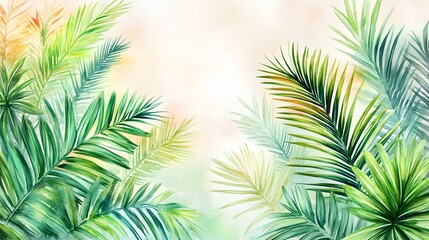 Fototapeta premium Watercolor illustration featuring vibrant green palm leaves on background
