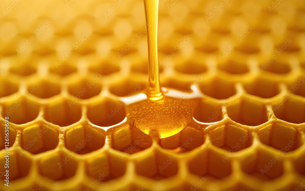 Poster golden honey dripping from honeycomb, showcasing its rich texture and color. intricate hexagonal pat