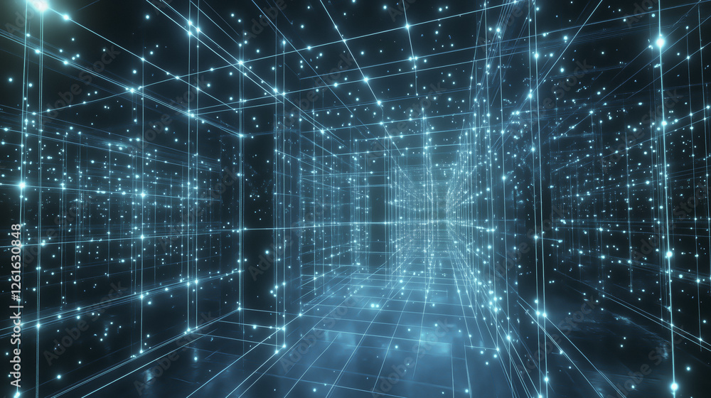 Poster futuristic digital grid with glowing lines and points creates immersive, infinite space, evoking sen