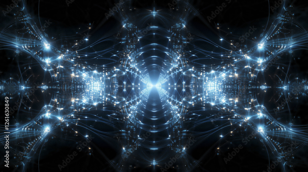 Poster mesmerizing digital artwork featuring symmetrical pattern of glowing blue lights and intricate lines