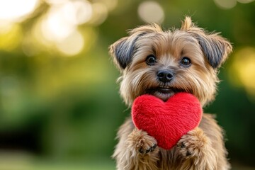 Cute tibetan terrier doggy with fluffy red heart on a walk in a spring green space. Tibetan terrier - my treasured dog, symbol of friendship. Marketing companion animal conceptual art.