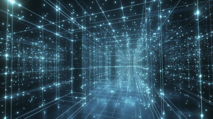 futuristic digital grid with glowing lines and points creates immersive, infinite space, evoking sense of technological advancement and virtual reality