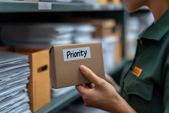 A postal worker stamps an urgent delivery package with a "Priority" label