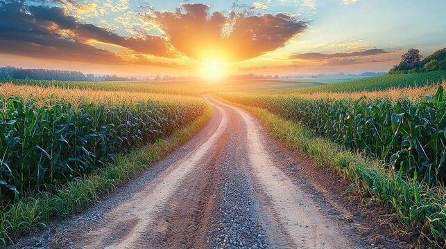Serene sunset over a winding gravel road through lush cornfields, with vibrant clouds - Powered by Adobe