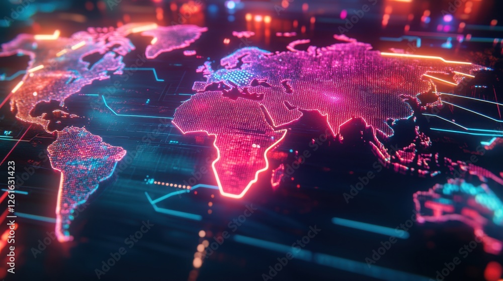 Poster futuristic world map with neon paths linking continents, symbolizing the complexity of global trade 