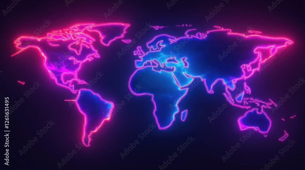Poster futuristic world map with neon paths linking continents, symbolizing the complexity of global trade 