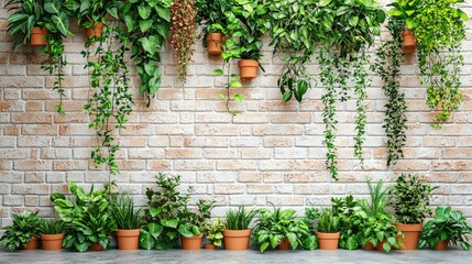 Lush indoor garden with potted plants against a textured brick wall, creating a serene atmosphere