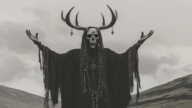 Person in dark ritual costume with antlers performing ancient ceremony in mountains. Black and white gothic horror scene with pagan mystical elements for Halloween concept