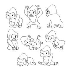 Fototapeta premium Set of Gorilla doodle collection, flamingo outline coloring page book animals for kindergarten, Vector line art set of animals wildlife, Hand drawn, Minimal Gorilla line art doodle in different pose