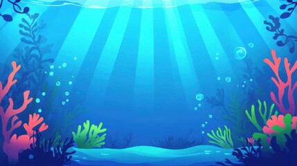 Sunlight Filters Through Ocean Water, Illuminating Coral Reef and Marine Plants, Underwater Paradise.