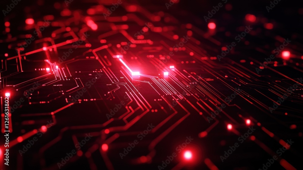 Poster abstract digital circuit board with glowing red lines and nodes in a futuristic design.