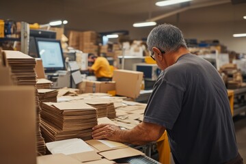 Workers in a large mail sorting facility handle stacks of letters on conveyor belts. Machines scan and sort envelopes into separate bins for delivery