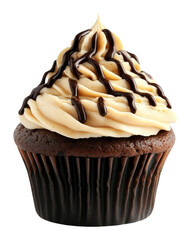 Chocolate cupcake with vanilla frosting and chocolate drizzle on transparent background. Dessert and baking concept