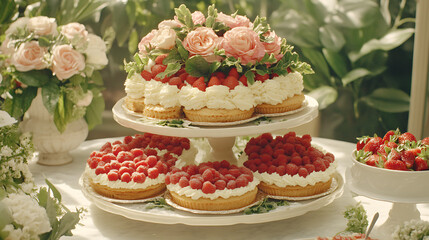 Obraz premium Elegant Strawberry and Raspberry Tart Dessert Table Display with Roses and Greenery Backdrop