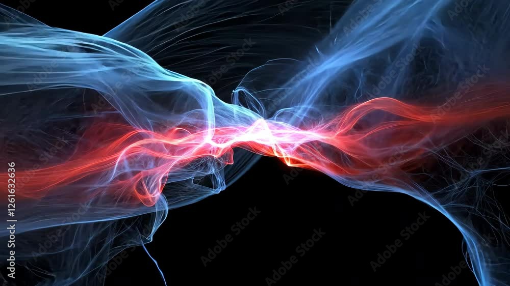 Poster abstract digital art dynamic red and blue light waves intertwining against dark background, creating