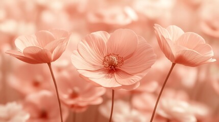 Soft light bathes delicate peach blossoms creating a serene tranquil mood. AI Generated