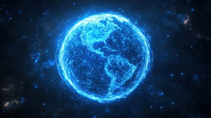 High-resolution 3D representation of Earth, glowing with bright blue data streams, symbolizing a connected digital world.