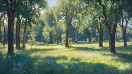 Naklejka premium Sunlit Serenity: The Dance of Light and Shadow in a Tranquil Meadow