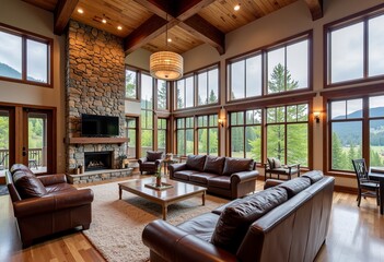 Spacious Living Room with Rustic Charm: High Ceilings, Wooden Floors, Stone Fireplace, Comfortable Sofas, Soft Rug, Capturing the Atmosphere, Warm Design.

