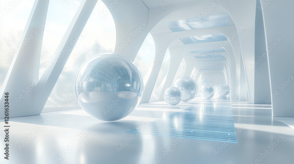 Aufkleber futuristic corridor with reflective spheres and soft lighting, creating serene atmosphere. design fe