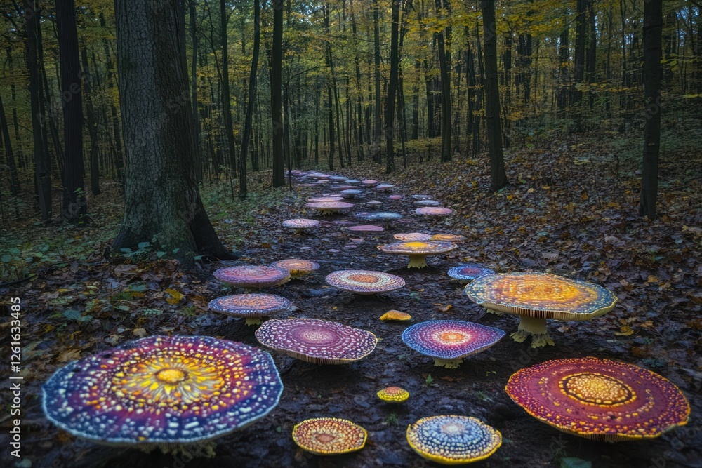Poster a mystical forest floor covered with mushrooms featuring pulsating, colorful patterns, creating a su