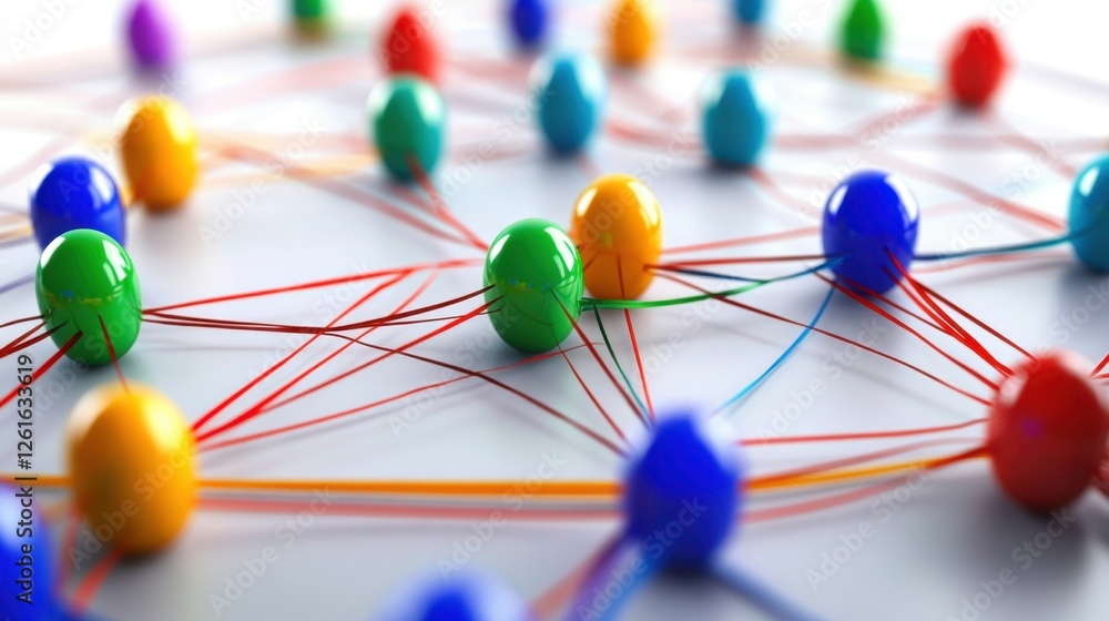 Poster high-tech networking concept with multicolored nodes connected by energetic pathways, symbolizing in