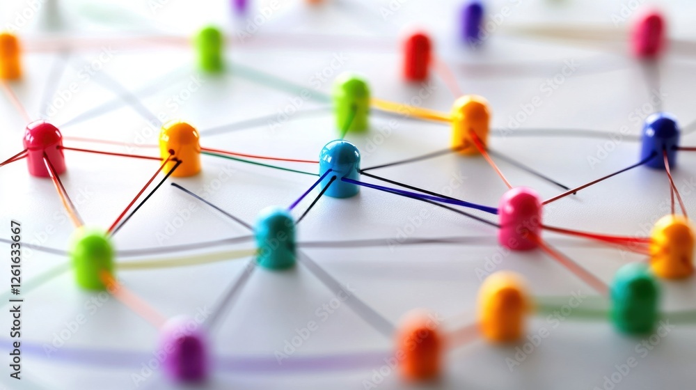 Poster high-tech networking concept with multicolored nodes connected by energetic pathways, symbolizing in