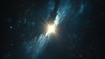 Cosmic radio jet erupts from a luminous source, traversing the vast expanse of deep space.	