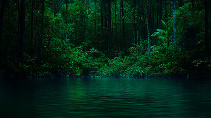 Obraz premium Enchanted Forest Lake Serenity Reflecting Verdant Canopies Amidst Stillness and Lush Green Depths